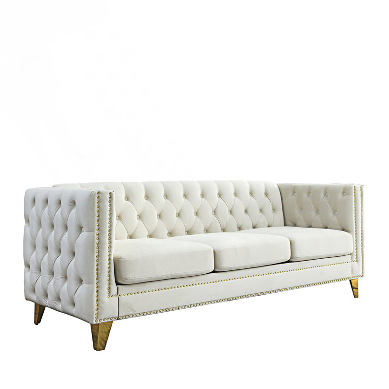 Canapé capitonné à boutons avec accoudoirs carrés, canapé moderne 2 pièces, Beige
