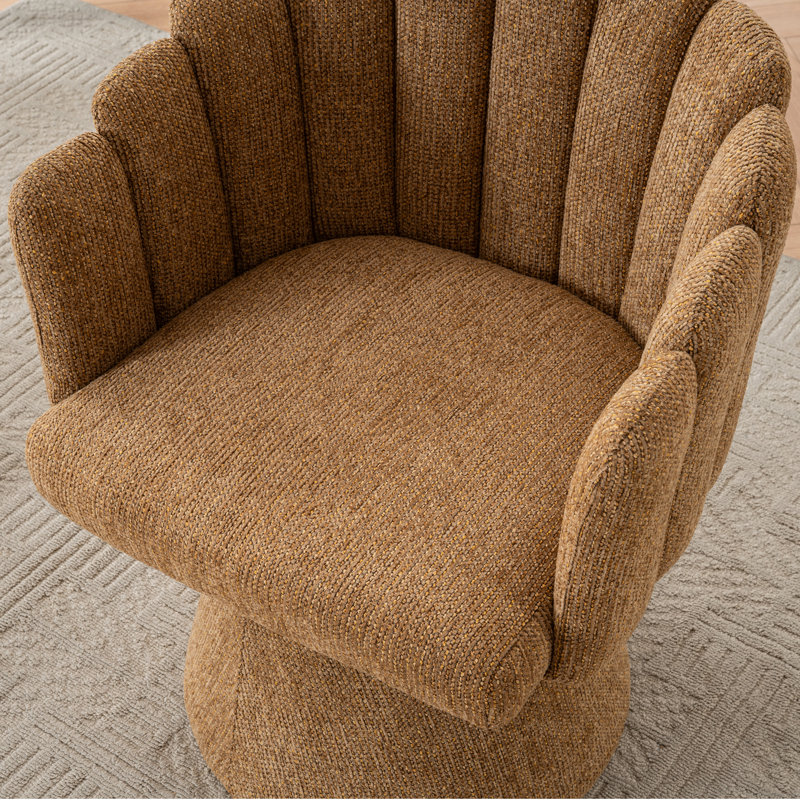 Upholstered  360° Swivel Barrel Accent Chair with Shell-Shaped Back, Camel