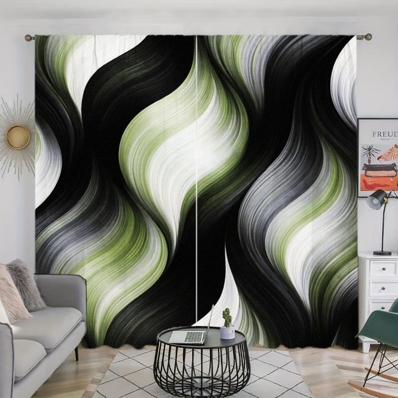 2PCS Abstract Swirl Decor Light Filtering Curtains with Black Green White Wavy Pattern, Modern Home Accent, Easy Hang Rod Pocket Design, All-Season for Living Room Bedroom Cabinet Decoration