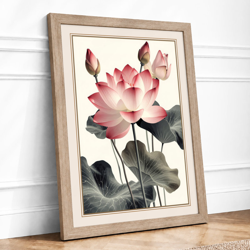 Lotus in Bloom Botanical - Framed Print, A2 - 59.4 x 42.0 cm, Oak