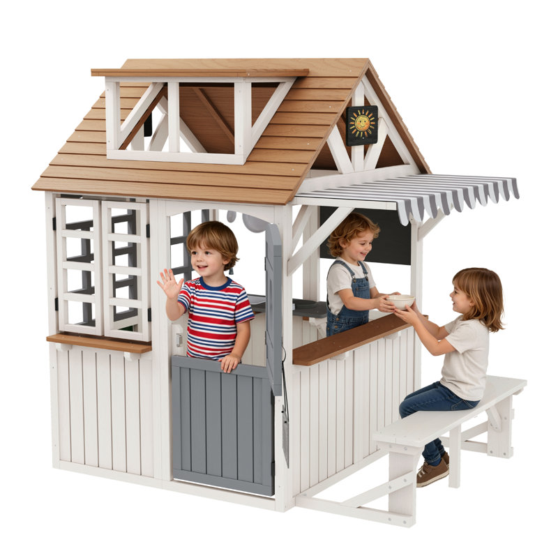 Maisonnette d'extérieur en bois pour enfants avec ensemble de jeu de cuisine, maison de jeu pour enfants de 3 à 8 ans, maison de campagne en bois avec porte hollandaise