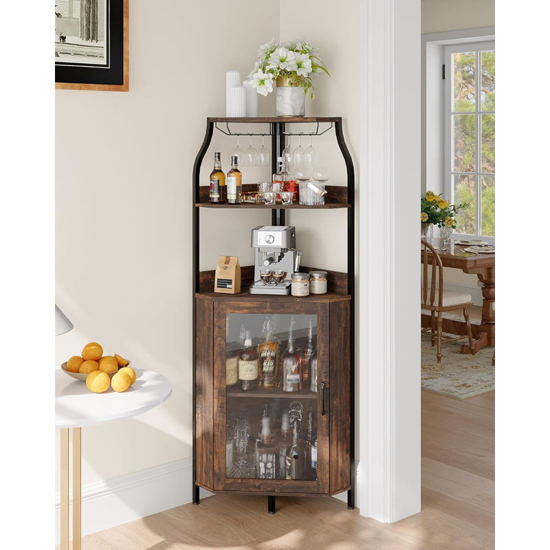 68'' Corner Bar Cabinet with Power Outlet, Industrial 5-Tiers Liquor Cabinets Bar, Brown