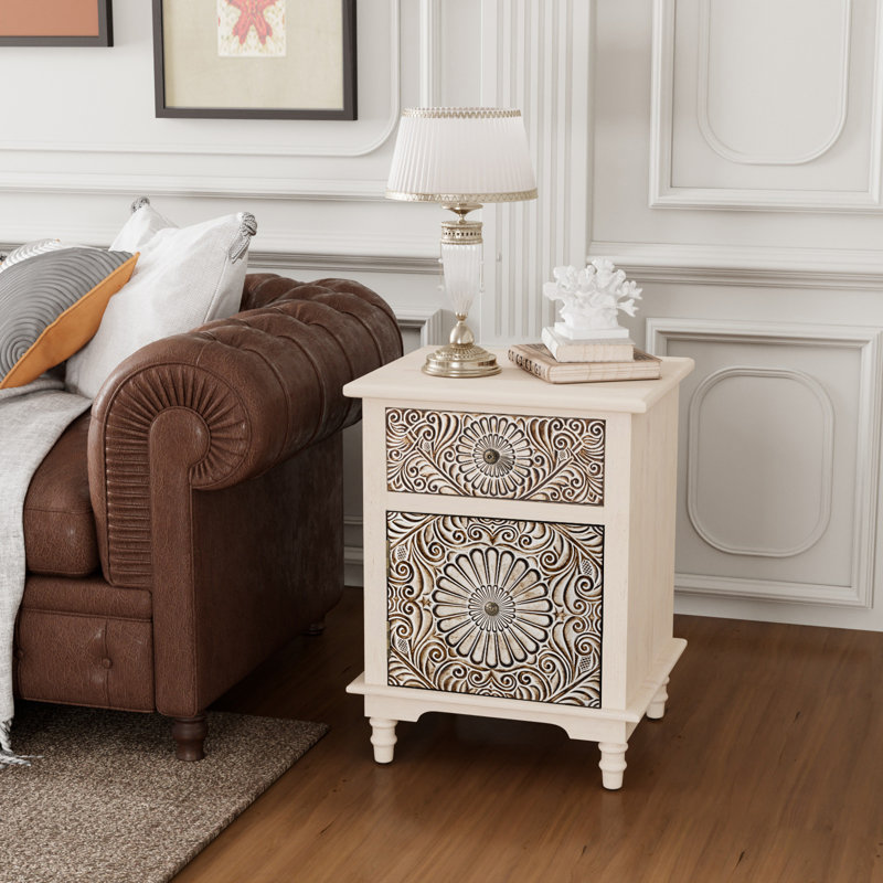 Loftis 18.4" W Carved Nightstand with Soft-Close Drawer and Cabinet, Individual