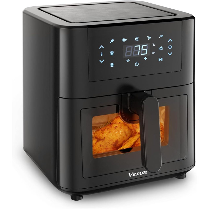 Grande friteuse à air de 7,4 pte avec panier en acier inoxydable 304 sain, séchoir à air antiadhésif 9-en-1 de 1500 W avec fenêtre transparente, lavable au lave-vaisselle et format familial, écran tactile de 140 à 400 po pour frites, poulet