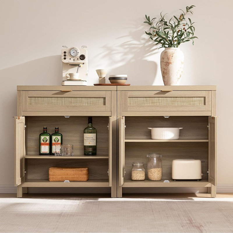 Buffet en rotin (ensemble de 2), console Boho avec portes et tiroir - Naturel