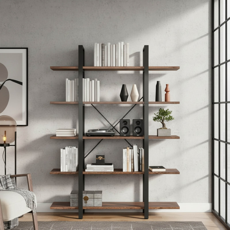 5-Tier Storage Bookcase, Industrial Style Open Bookshelf 72 Inches Tall, 47" Wide Freestanding Display Shelf