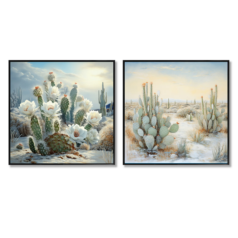 Cactus Charm In Winter - Cactus carré, ensemble de 2 collages, Cadre flottant noir, H 16 po x l 33 po