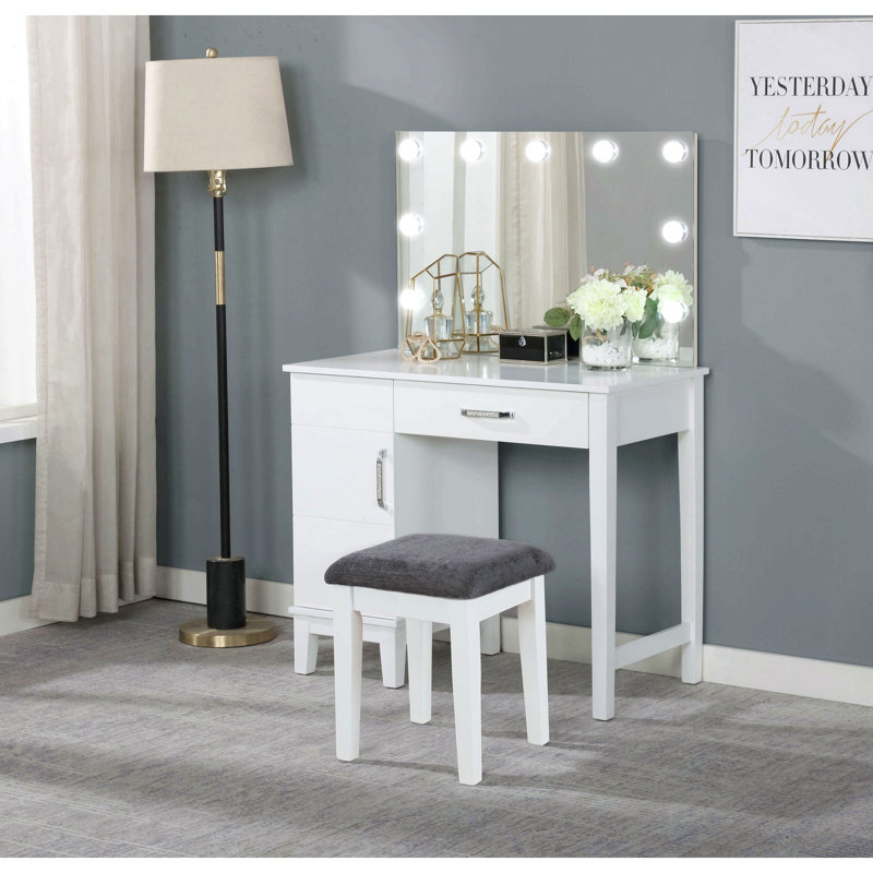 Elijah White And Dark Grey Vanity Set With Lighting And Stool