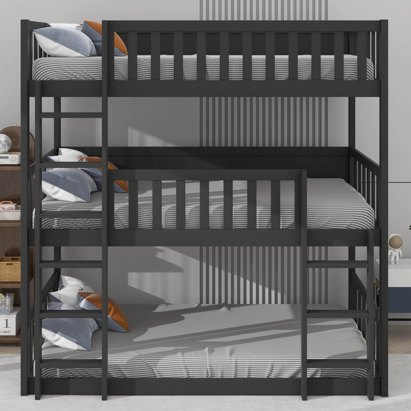 Twin-Sized Three-Tier Rubber Wood Bunk Bed, Fully Equipped With Ladders And Guardrails, Black