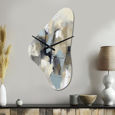 Beige And Grey Unbounded Creativity I - Abstract Painting Irregular Shape Metal Wall Clock, Modern Asymmetrical Wall Clock Print