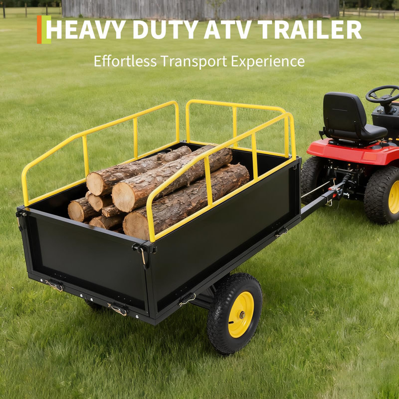 Remorque utilitaire durable en acier d'une capacité de 750 lb de remorquage de 17 pieds cubes avec roues amovibles et côtés robustes pour le tracteur de pelouse