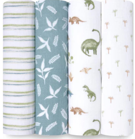 Mousseline de coton Swaddle, paquet de 4 Dino Jungle