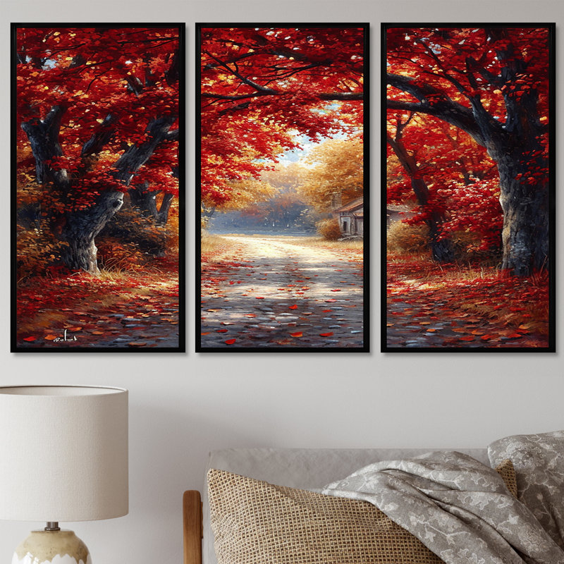 Red Autumn Road Coming Home - Ensemble d'art mural arbre, Cadre flottant noir, H 32 po x l 48 po x P 1 po