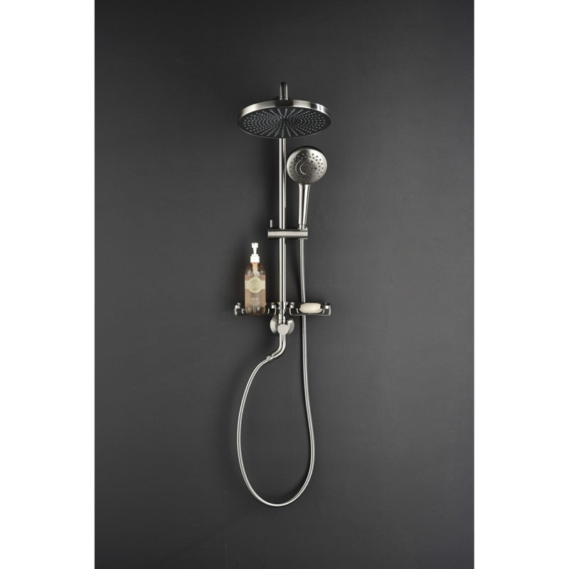 Fusion de douche avec pomme de douche à effet pluie de 10 po, douche à 4 poignées, vis coulissante réglable et porte-savon en ancre de fusion en nickel brossé
