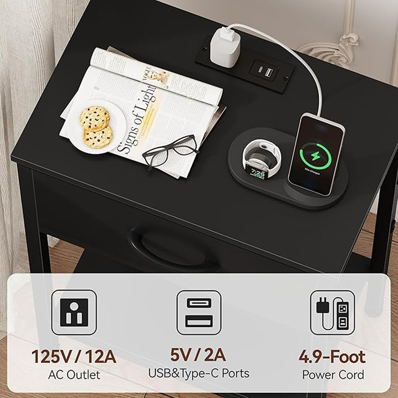 Table de chevet noire avec station de charge, table de bout avec tiroir en tissu, petite table d'appoint avec tablettes de rangement à 2 niveaux, table de chevet de 25,4 po de hauteur, table de chevet noire pour chambre à coucher, salon, dortoir