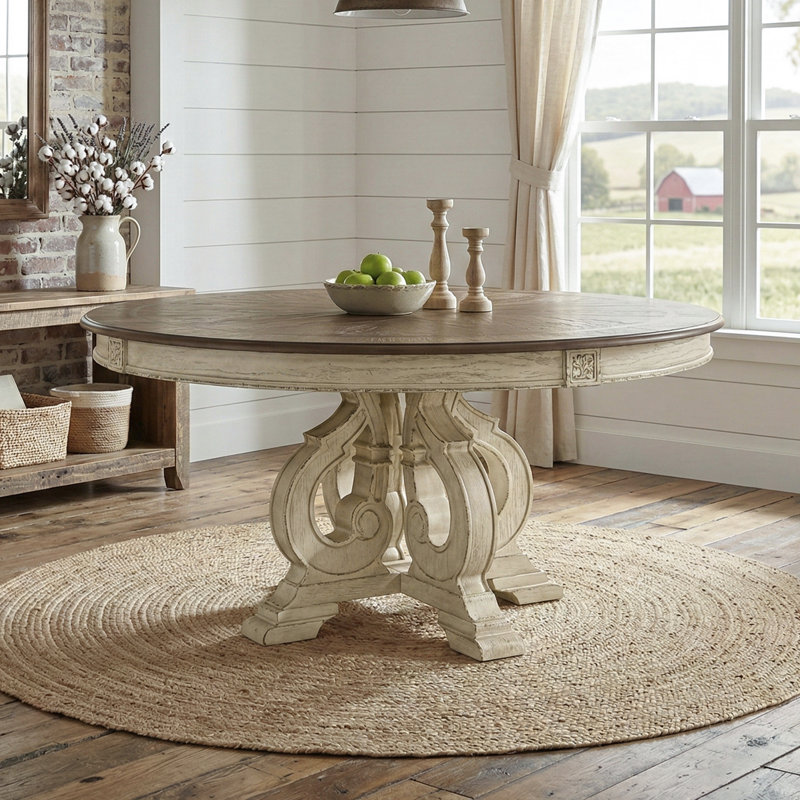 Marblewood 60'' Round Dining Table with Carved Pedestal Base, Antique White/Brown