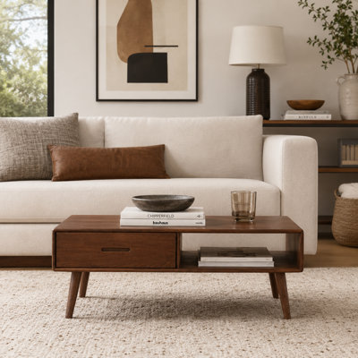 47"W Solid Oak Mid-Century Modern Coffee Table with Drawer