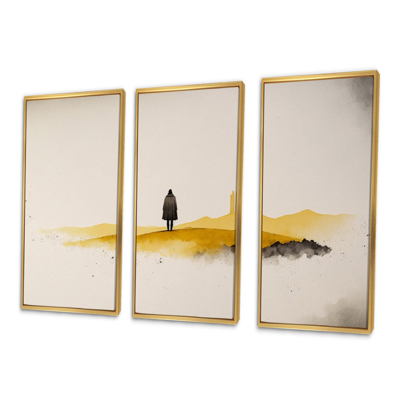 Solitude en jaune moutarde et gris Solitude en jaune moutarde et gris - 3 pièces sur toile, H 32 po x l 48 po x P 1 po
