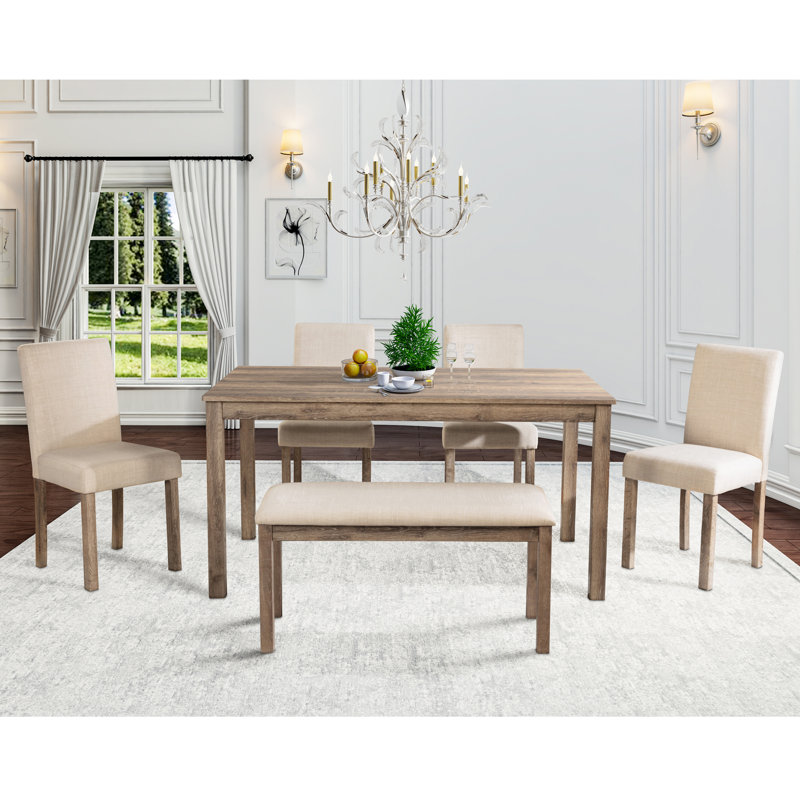 Farmhouse 6 Piece Dining Set Kitchen Table Set With Bench,,dining room set,dinning table set, Khaki/Brown