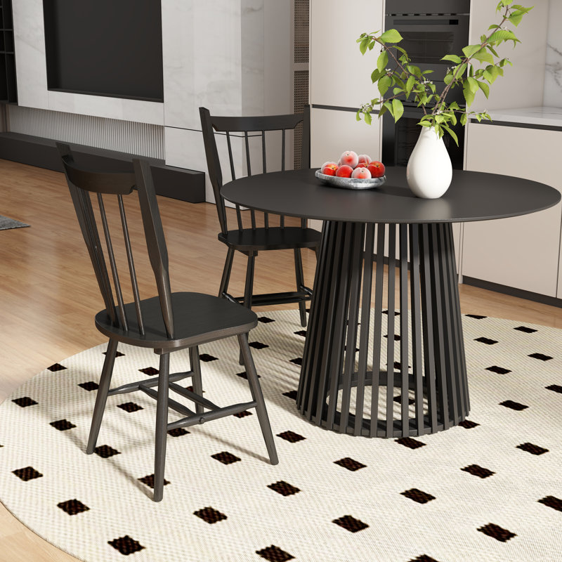 Modern Dining Set - Round Wood Table With Slat Base & Windsor Chairs - 3/5-Piece Kitchen Set, Black, Black