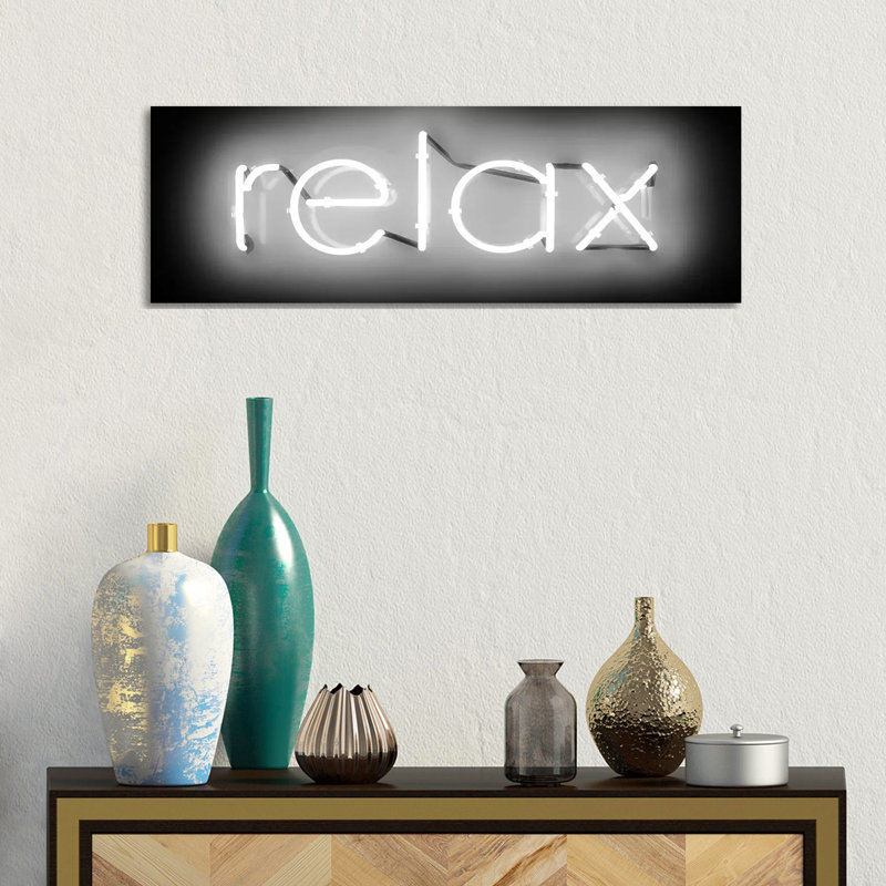 Neon Relax White On Black by Hailey Carr - Wrapped Canvas Panoramic Print, 30.48 cm H x 91.44 cm W x 1.91 cm D