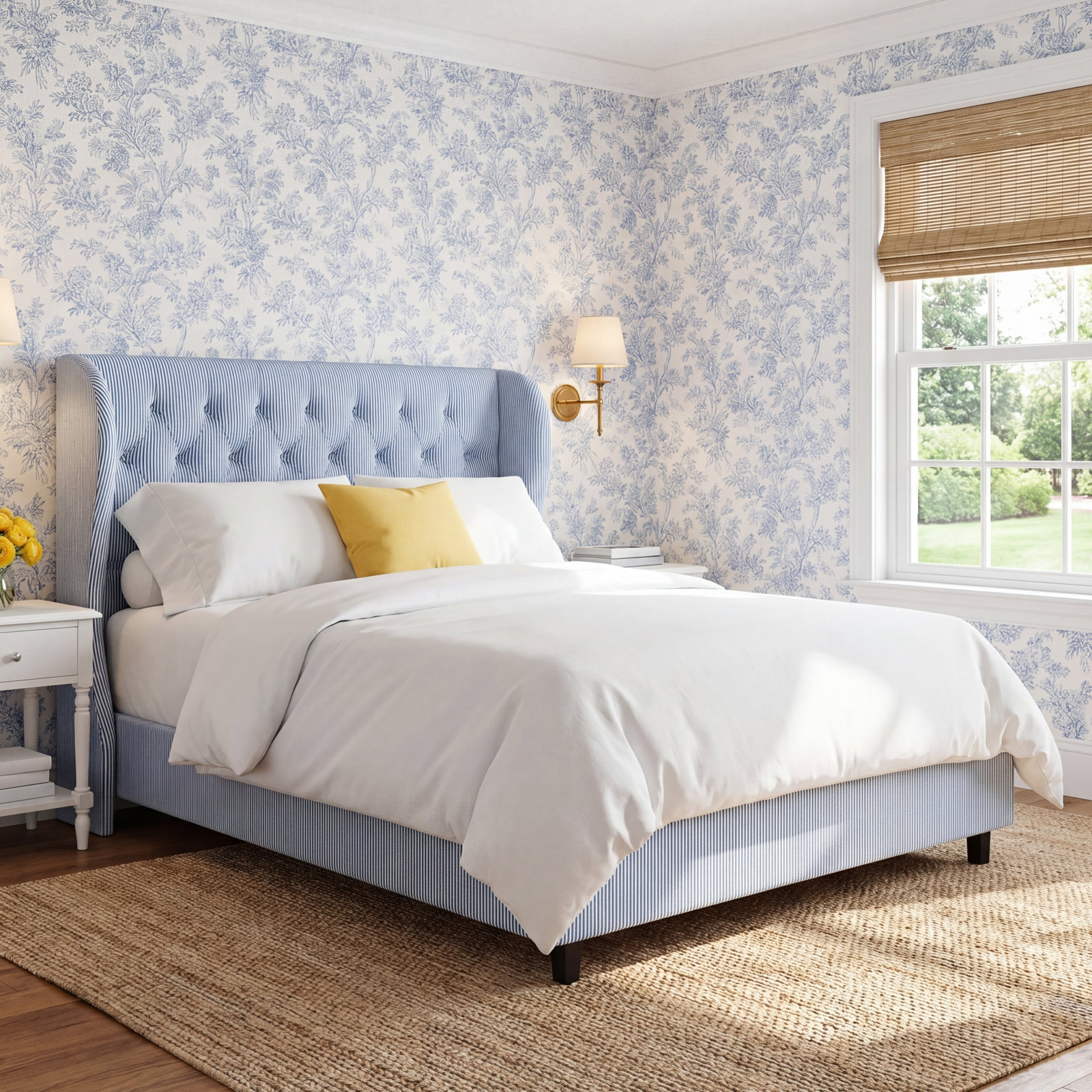 Tomey Cotton Upholstered Wingback Bed, Twin, Classic Gingham Tan