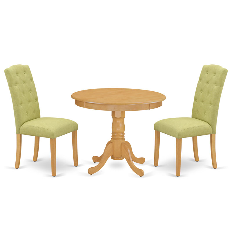 3 Piece Dining Set Contains a Round Kitchen Table with Pedestal and 2 Limelight Linen Fabric Upholstered Parson Chairs, Oak
