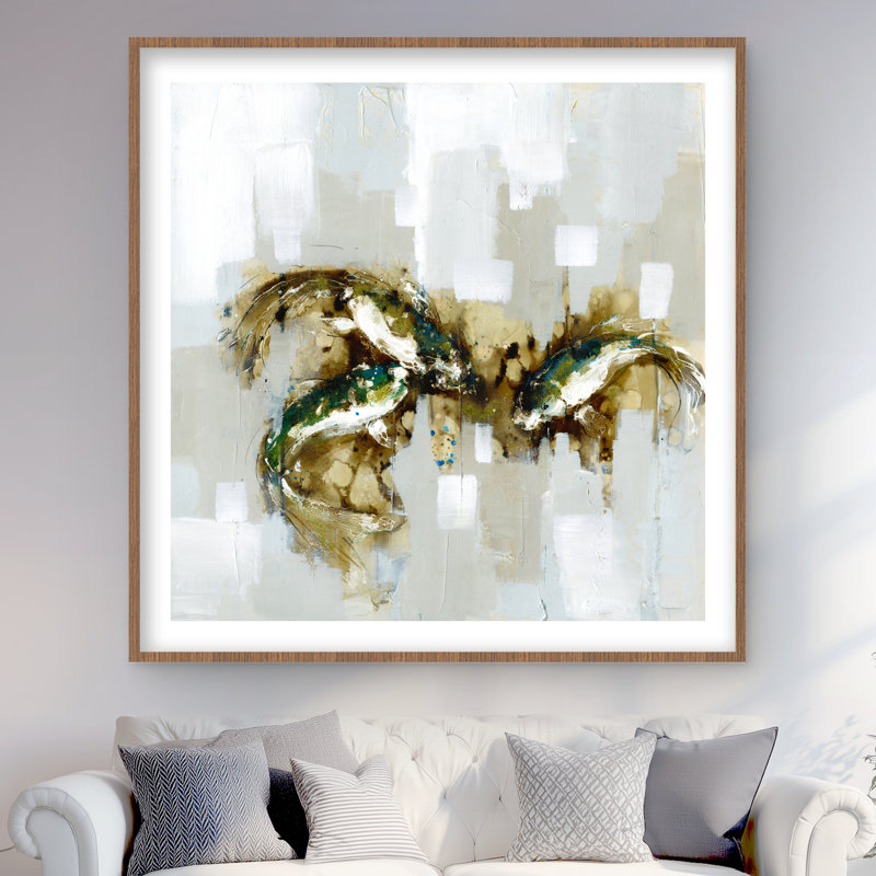 Three Abstract Koi Fish - Gray Framed Matted Print for Decor