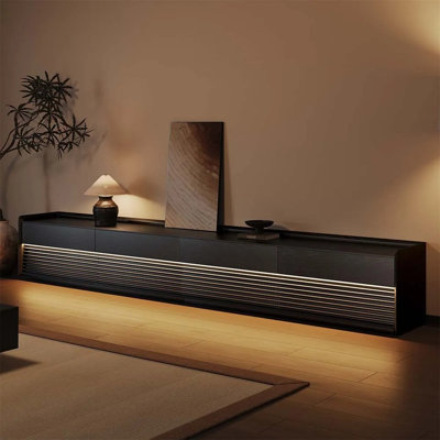  Meuble télé Mid-Century moderne entièrement assemblé, console multimédia en bois 118,11 po avec éclairage à DEL réglable, centre de divertissement avec rangement pour le salon