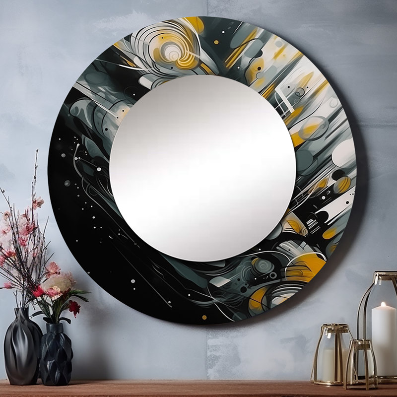 Soble Grey And Yellow Infinite Geometry II - Geometric Unique Wall Mirror, Gray Round Mirror, Printed Metal Art, 29" x 29"