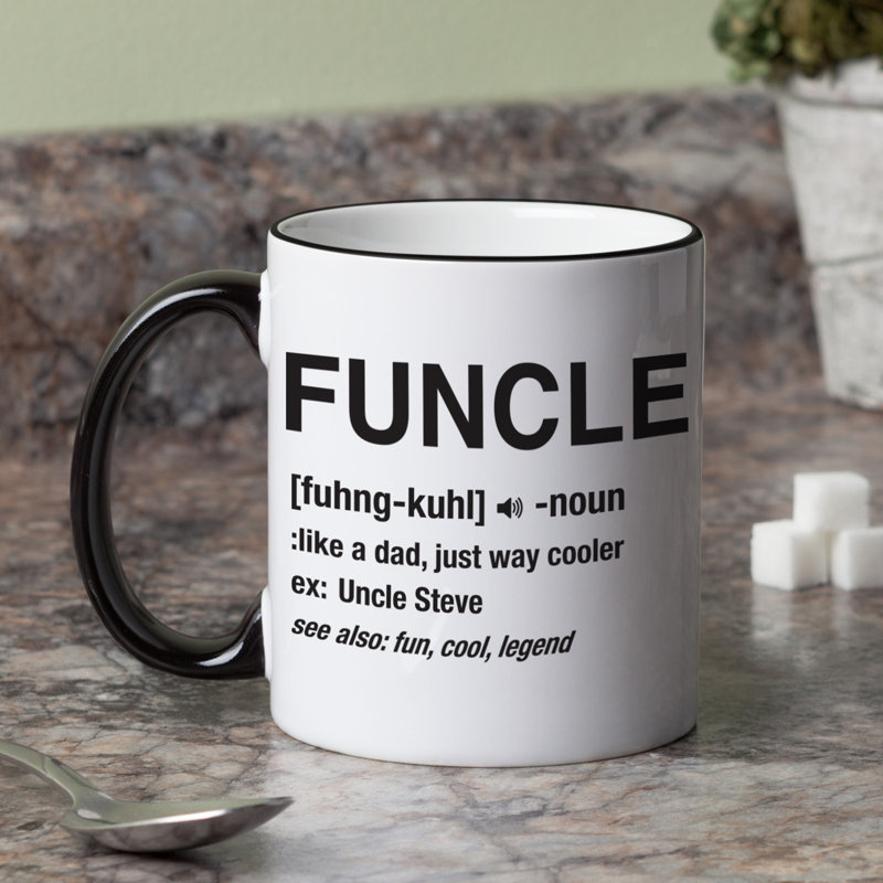 Grande tasse à café personnalisée personnalisée avec un humour chaleureux et un nom personnalisé imprimé sur tasse en porcelaine blanche avec bordure noire et poignée, 11 oz