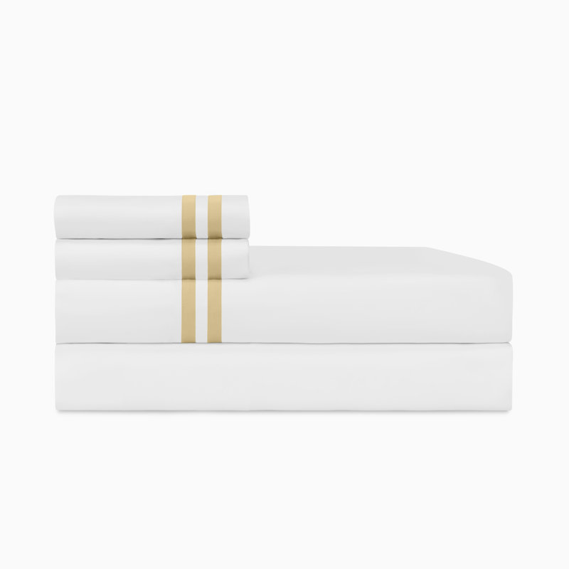 Ribbons Sateen Sheet Set, White/Gold, Twin