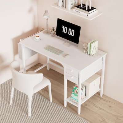 White Small Desk With Drawers - 40 Inch Computer Desk For Small Space Home Office, Modern Simple Study Writing Table PC Desks