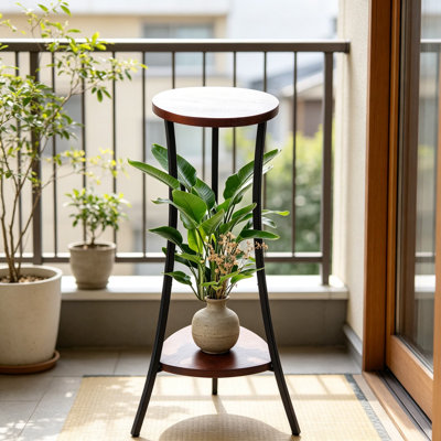 2-Tier Corner Plant Stand For Indoor And Outdoor Use, Wood And Metal Plant Shelf With Waterproof Design For Living Room, Balcony, Or Patio, Easy Assembly