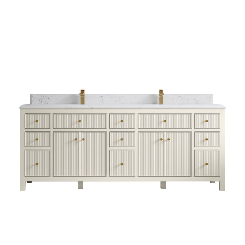 Meuble-lavabo double 84 po avec plateau en quartz Sonoma, 2 IN Viola Gold, Terre cuite chaude