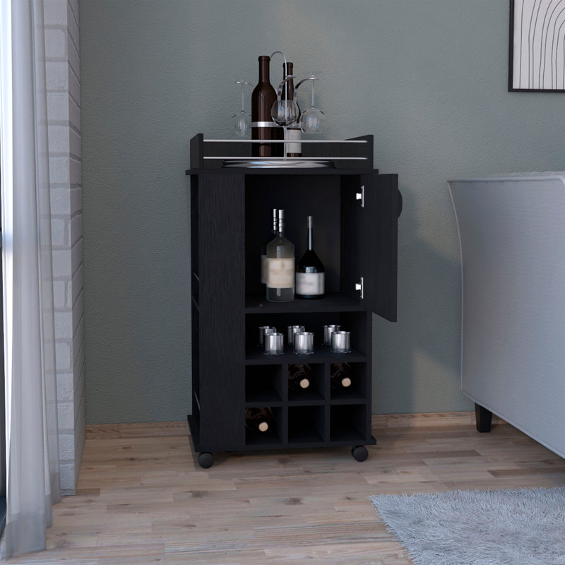 Chariot-bar avec 6 porte-bouteilles et roulettes intégrés, Noir