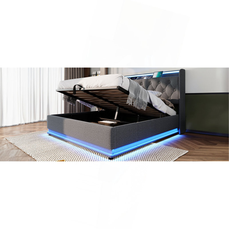 Grand lit tapissier, fonction DEL à 360 degrés, boutons / applications / télécommande, lit de rangement hydraulique avec chargement USB Type-C, gris, lin (sans matelas)