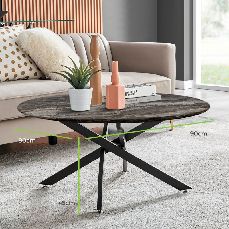 Cesarino Marble Effect Round Coffee Table - Glass Topped Metal Leg Centre Table, White, Gold