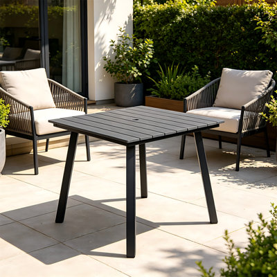Square Patio Dining Table With Umbrella Hole, Heavy-duty Iron Frame & Wood-plastic Composite (wpc) Tabletop, All-weather Indoor/outdoor Table For Backyard, Garden & Balcony