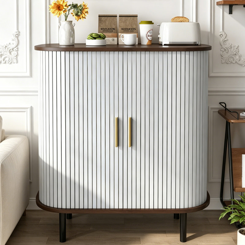 Bar 28 "cannelé avec portes tambour et rangement pour le vin, White