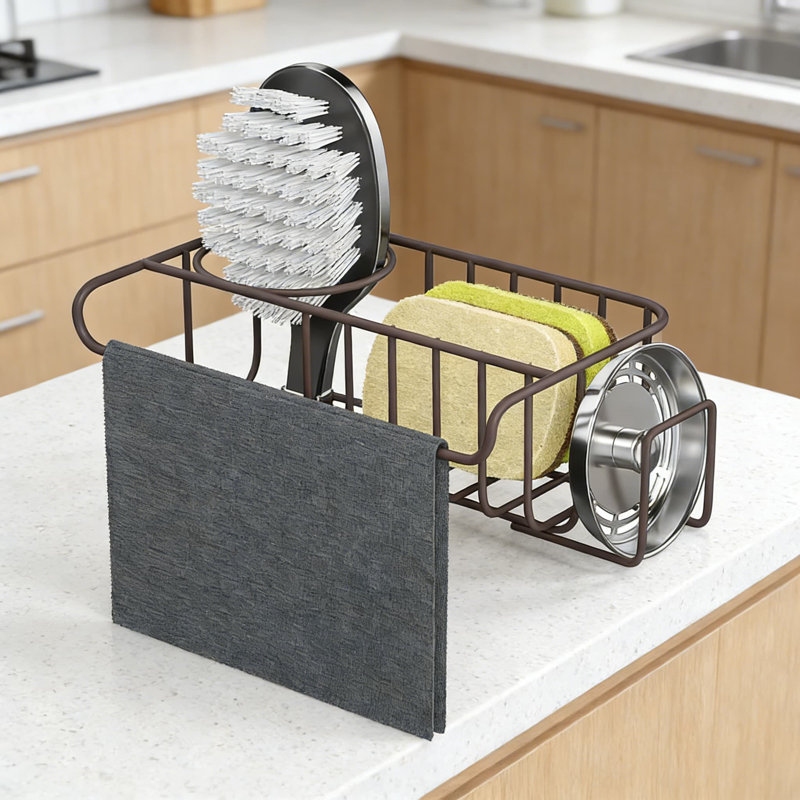 Organisateur d'évier de cuisine 4-en-1 en acier inoxydable - Porte-éponge, support à vaisselle, porte-savon et support de bouchon d'évier, installation sans perceuse, conception antirouille et imperméable - bronze