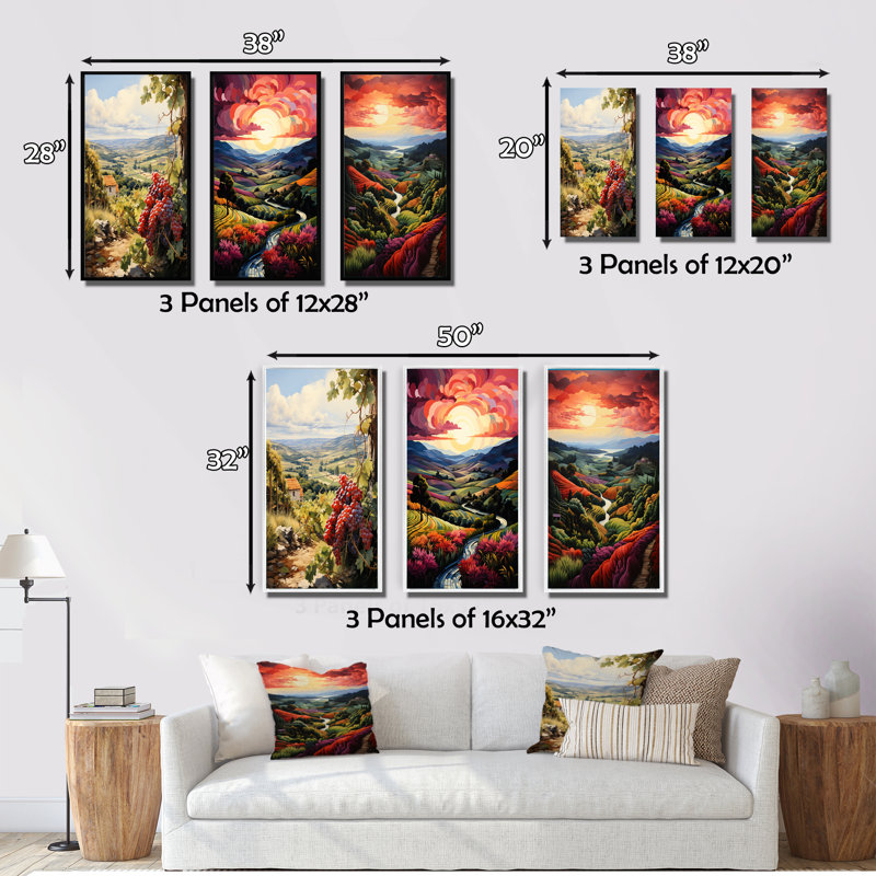 «Vineyard Twilight Bliss», 3 pièces sur toile, H 40 po x l 60 po, Toile tendue