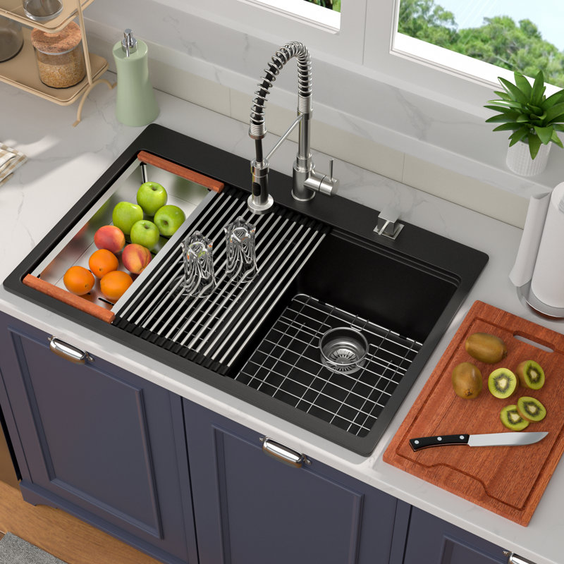 33"L*22"W*9.65"H Black Quartz Kitchen Sink Drop-in Double Bowl Sink Workstation Low-divider Sink with Accessories