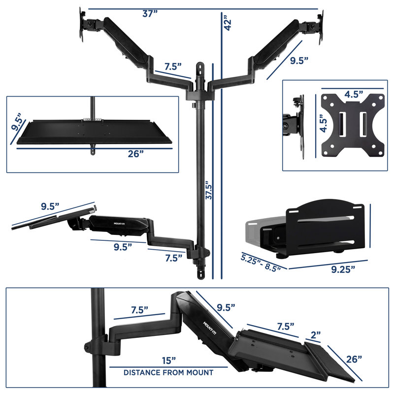 Mount-It Adjustable Full Motion Dual Wall Mount w/ Keyboard Tray & CPU Holder | Fits 32 in. Screens