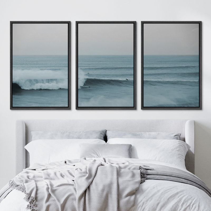 Framed Coastal Ocean Waves Triptych Canvas Print Set