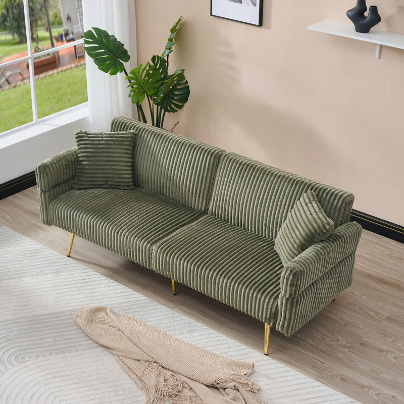 79" Corduroy Sofa Bed, Foldable Double Sofa Bed with Folding Armrests & 2 Pillows, Green