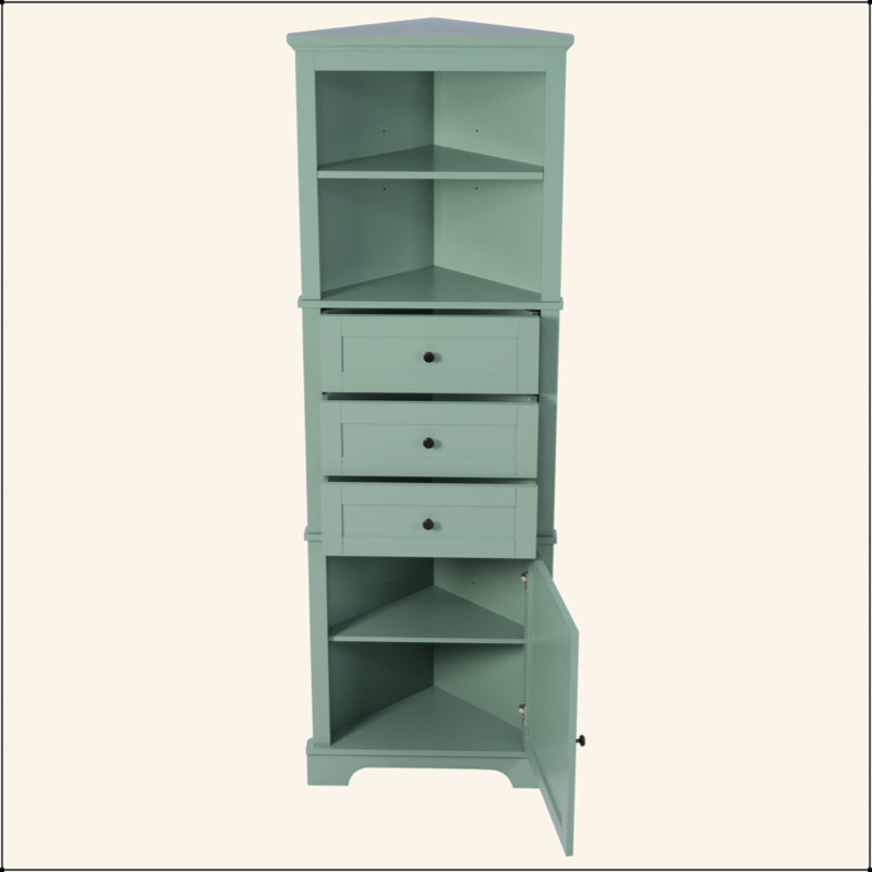Armoire haute triangulaire avec 3 tiroirs et tablettes réglables pour la salle de bain, la cuisine ou le salon, panneau de fibres à densité moyenne avec finition peinte