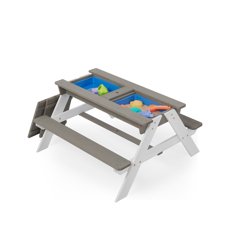 3-In-1 Kids Outdoor Wooden Picnic Table With Umbrella, Convertible Sand & Wate, ASTM & CPSIA CERTIFICATION, Gray