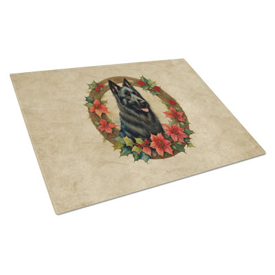 Belgian Sheepdog Christmas Flowers Glass Cutting Board