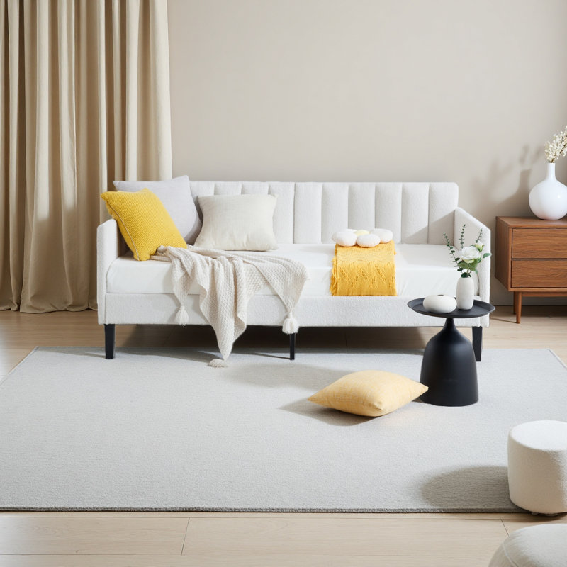 Twin Size Upholstered Daybed, Ribbed Tufted Backrest, Daybed In Lavish Modern Design, Richly Hued Foam Comfort, Ivory